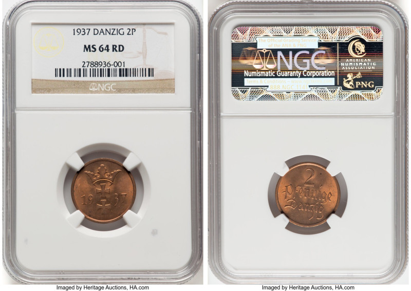 Free City 2 Pfennig 1937 MS64 Red NGC, Berlin mint, KM141, Parchimowicz-54c. HID...