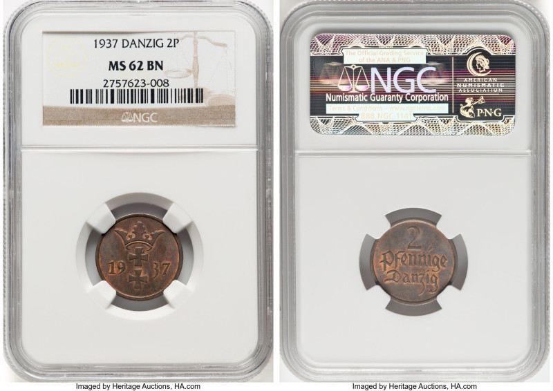 Free City 2 Pfennig 1937 MS62 Brown NGC, Berlin mint, KM141, Parchimowicz-54c. H...