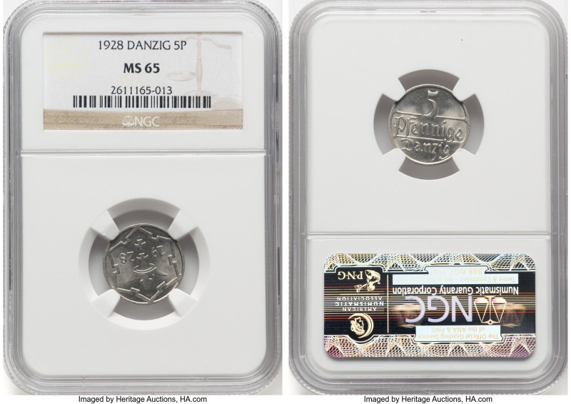 Free City 5 Pfennig 1928 MS65 NGC, Berlin mint, KM142, Parchimowicz-55b. Two yea...