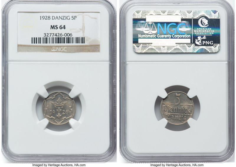 Free City 5 Pfennig 1928 MS64 NGC, KM142. HID09801242017 © 2024 Heritage Auction...