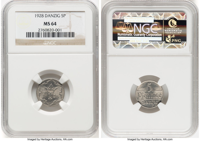 Free City 5 Pfennig 1928 MS64 NGC, Berlin mint, KM142, Parchimowicz-55b. HID0980...