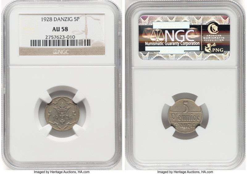Free City 5 Pfennig 1928 AU58 NGC, Berlin mint, KM142, Parchimowicz-55b. HID0980...