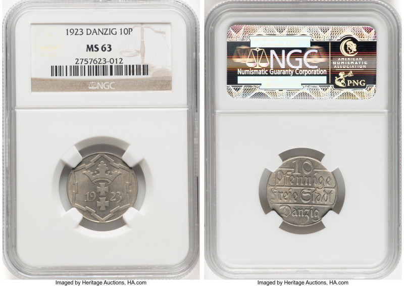 Free City 10 Pfennig 1923 MS63 NGC, Berlin mint, KM143, Parchimowicz-57. HID0980...