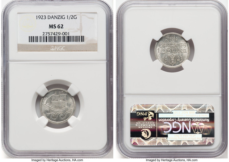 Free City 1/2 Gulden 1923 MS62 NGC, Danzig mint, KM144, Parchimowicz-59a. HID098...