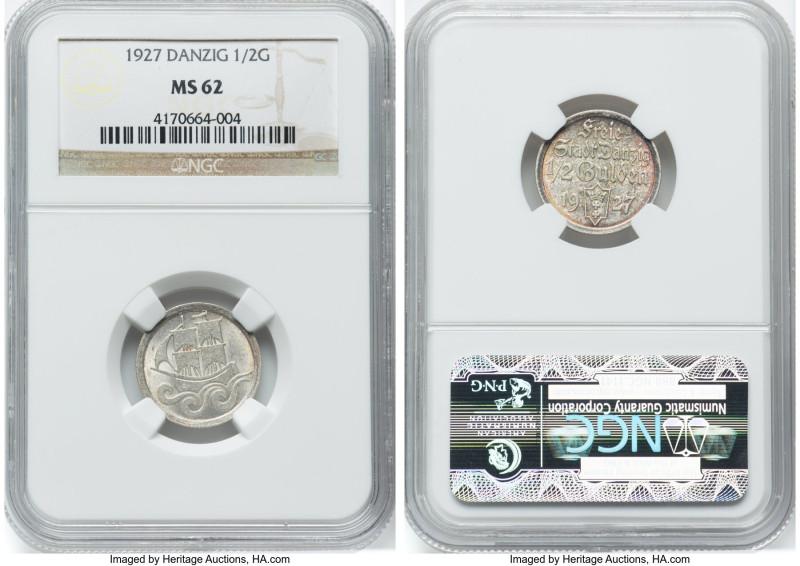 Free City 1/2 Gulden 1927 MS62 NGC, KM144. A difficult type in any designation, ...