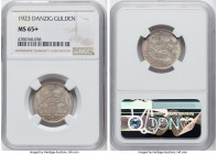 Free City Gulden 1923 MS65+ NGC, Berlin mint, KM145, Parchimowicz-61. Beautiful pewter tone undergirded by fierce luster, a combination well worth the...