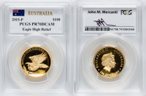 Elizabeth II gold Proof High Relief "Wedge-Tailed Eagle" 100 Dollars (1 oz) 2015-P PR70 Deep Cameo PCGS, Perth mint, KM2202. Meranti signature. HID098...