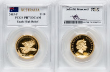 Elizabeth II gold Proof High Relief "Wedge-Tailed Eagle" 100 Dollars (1 oz) 2015-P PR70 Deep Cameo PCGS, Perth mint, KM2202. Mercanti signature. HID09...