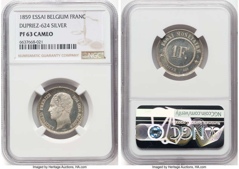 Leopold I silver Essai Proof Franc 1859 PR63 Cameo NGC, Dupriez-624. Well struck...