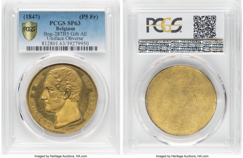 Leopold I gilt Specimen Uniface Pattern 5 Francs ND (1847) SP63 PCGS, Bog-287B5....