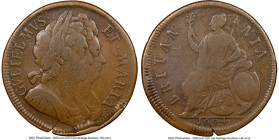 William & Mary Proof 1/2 Penny 1694 PR12 Brown NGC, Peck-612. Plain edge. Thin flan. Accompanied by a Noonans tag. HID09801242017 © 2024 Heritage Auct...