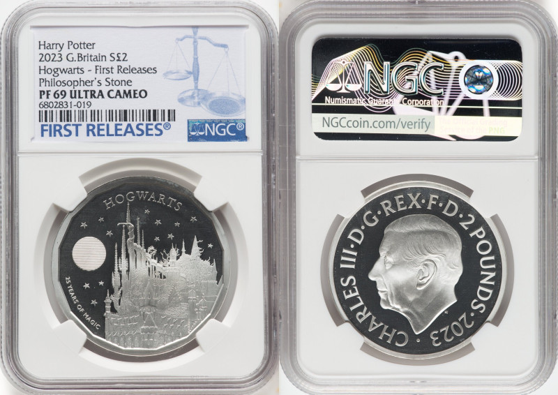 Charles III silver Proof "Hogwarts" 2 Pounds (1 oz) 2023 PR69 Ultra Cameo NGC, M...