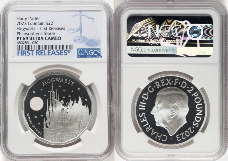 Charles III silver Proof "Hogwarts" 2 Pounds (1 oz) 2023 PR69 Ultra Cameo NGC, M...