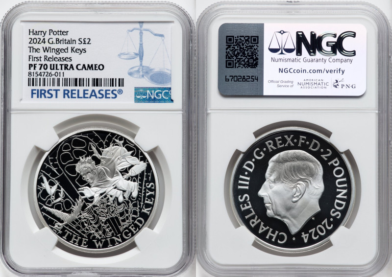 Charles III silver Proof "The Winged Keys" 2 Pounds (1 oz) 2024 PR70 Ultra Cameo...