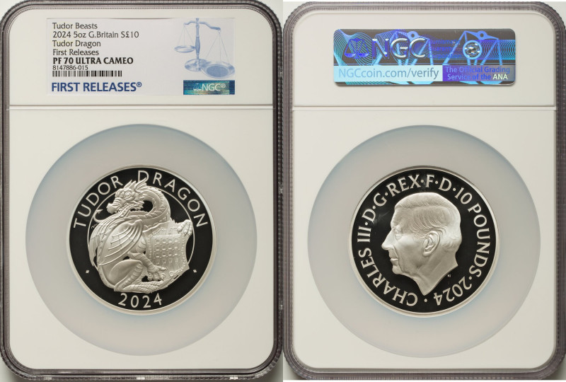 Charles III silver Proof "Tudor Dragon" 10 Pounds (5 oz) 2024 PR70 Ultra Cameo N...