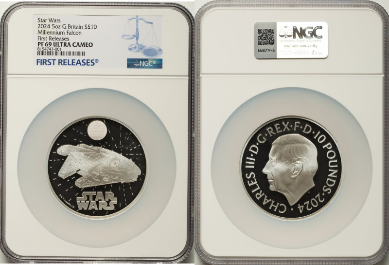 Charles III silver Proof "Millennium Falcon" 10 Pounds (5 oz) 2024 PR69 Ultra Ca...