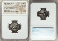 CALABRIA. Tarentum. Ca. 332-302 BC. AR stater or didrachm (21mm, 7.59 gm, 6h). NGC Choice XF 4/5 - 2/5. Warrior on horseback galloping right hefting s...