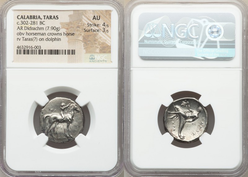 CALABRIA. Tarentum. Ca. 302-281 BC. AR stater or didrachm (21mm, 7.90 gm, 3h). N...