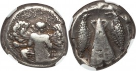 CARIA. Caunus. Ca. 450-390 BC. AR stater (20mm, 11.42 gm, 2h). NGC VF 3/5 - 5/5. Winged female figure in kneeling-running stance left, head right / Ba...