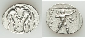 PAMPHYLIA. Aspendus. Ca. 420-370 BC. AR stater (24mm, 10.87 gm, 12h). VF. Two wrestlers grappling; AK below, dotted border / EΣTFEΔIIYΣ, slinger strid...