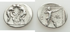 PAMPHYLIA. Aspendus. Ca. 370-330 BC. AR stater (23mm, 11.04 gm, 12h). VF. Two wrestlers grappling, LΦ between / Slinger standing right; triskeles to r...