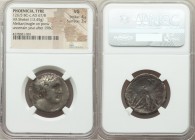 PHOENICIA. Tyre. Ca. 126/5 BC-AD 67/8. AR shekel (25mm, 13.45 gm, 1h). NGC VG 4/5 - 3/5. Uncertain date after 19 BC. Laureate head of Melqart right, a...