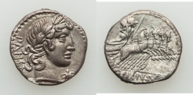 C. Vibius C. f. Pansa (ca. 90 BC). AR denarius (18mm, 3.67 gm, 6h). XF. Rome. PANSA, laureate head of Apollo right; II right before / C • VIBIVS • C •...