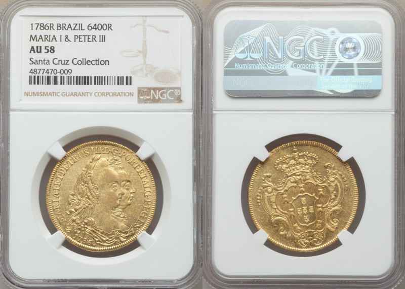 Maria I & Pedro III gold 6400 Reis 1786-R AU58 NGC, Rio de Janeiro mint, KM199.2...