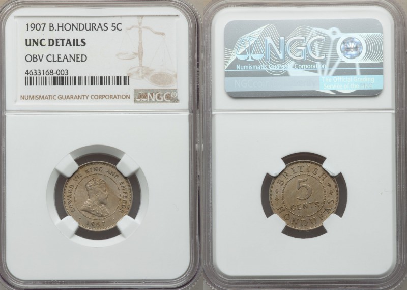 British Colony. Edward VII 5 Cents 1907 UNC Details (Obverse Cleaned) NGC, KM14....