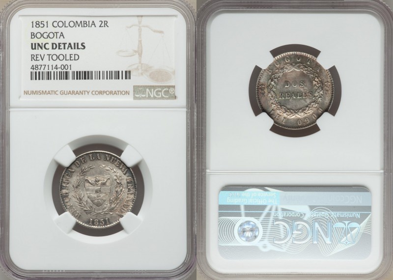Nueva Granada 2 Reales 1851 UNC Details (Reverse Tooled) NGC, Bogota mint, KM109...