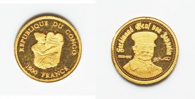 Republic gold Proof "Ferdinand Graf von Zeppelin" 1500 Francs 2005, KM69. 14mm. 1.22gm. AGW 0.0398 oz. 

HID09801242017