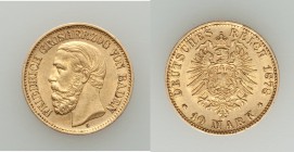 Baden. Friedrich I gold 10 Mark 1878-G XF (light surface hairlines), Stuttgart mint, KM264. 20mm. 3.98gm. AGW 0.1152 oz. 

HID09801242017