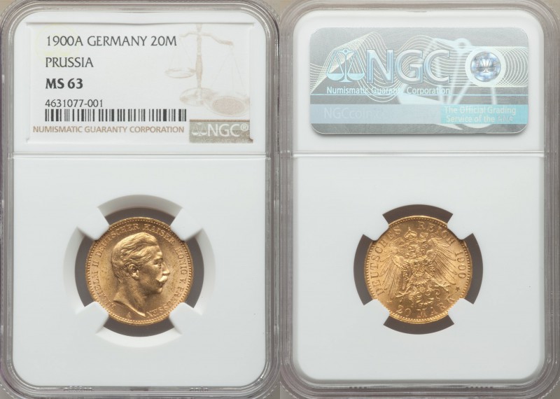 Prussia. Wilhelm II gold 20 Mark 1900-A MS63 NGC, Berlin mint, KM521. AGW 0.2305...