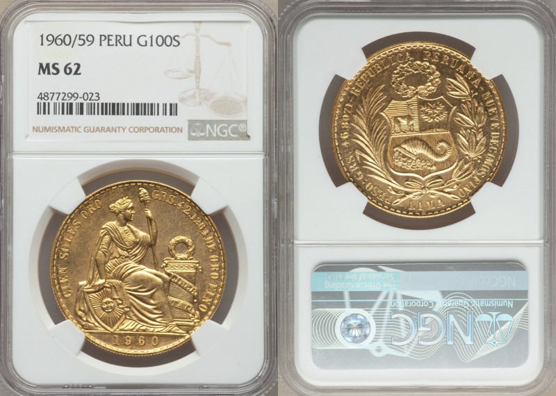 Republic gold 100 Soles 1960/59 MS62 NGC, Lima mint, KM231. Superbly prooflike, ...