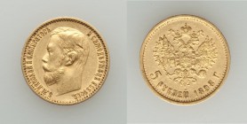 Nicholas II gold 5 Roubles 1898-AΓ About XF (light surface hairlines), St. Petersburg mint, KM-Y62. 19mm. 4.27gm. AGW 0.1245 oz. 

HID09801242017
