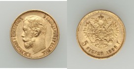 Nicholas II gold 5 Roubles 1898-AΓ About XF (light surface hairlines), St. Petersburg mint, KM-Y62. 19mm. 4.26gm. AGW 0.1245 oz. 

HID09801242017