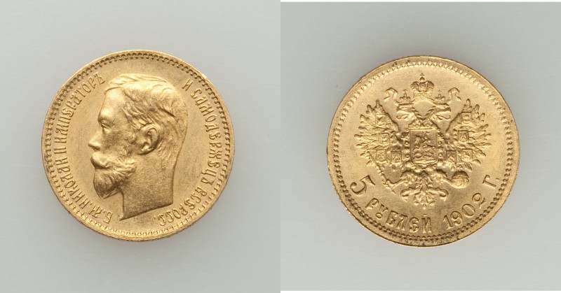 Nicholas II gold 5 Roubles 1902-AP AU, St. Petersburg mint, KM-Y62. 19mm. 4.31gm...