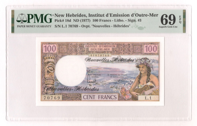 New Hebrides 100 Francs 1977 (ND) PMG 69 EPQ

P# 18d, N# 206399; # L.1 70769; ...