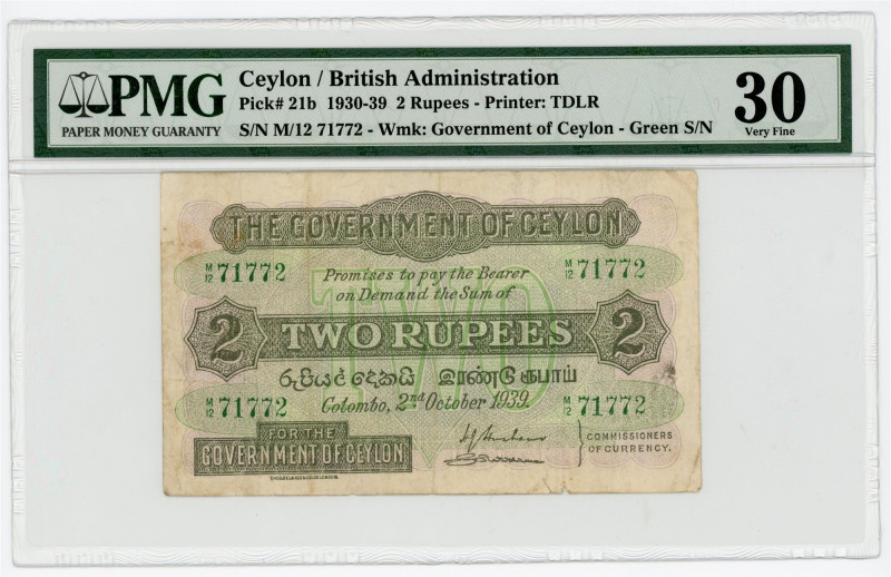 Ceylon 2 Rupees 1939 PMG 30

P# 21b, N# 336477; # M/12 71772; VF