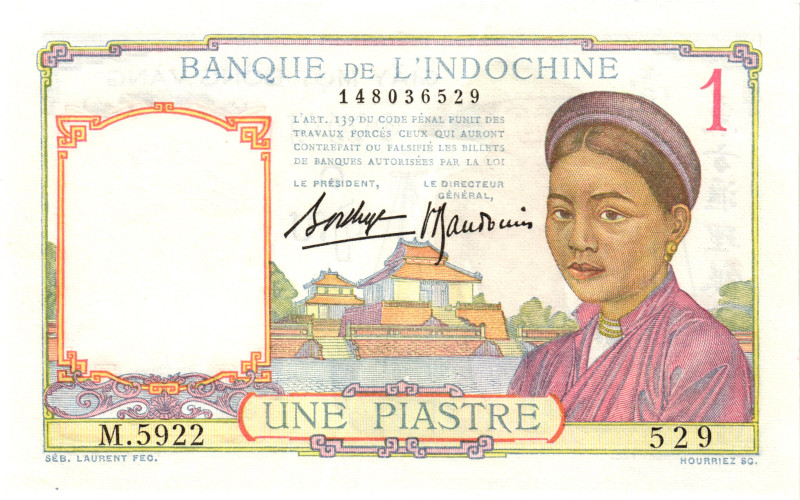 French Indochina 1 Piastre 1936 (ND)

P# 54b, N# 292244; # M.5922 529; UNC