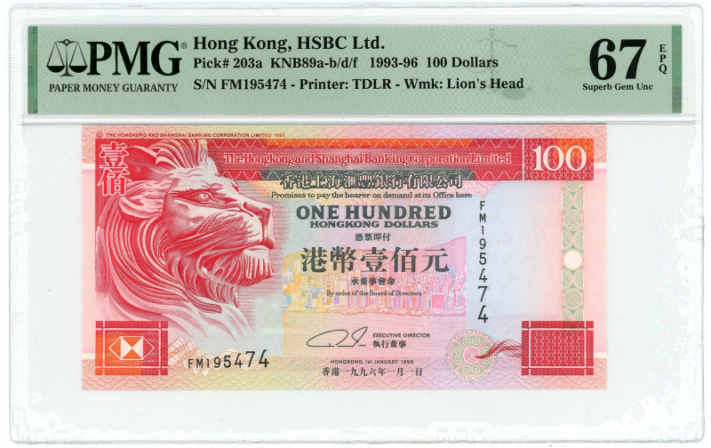 Hong Kong 100 Dollars 1996 PMG 67 EPQ Superb Gem Unc

P# 203a, N# 211291; # FM...