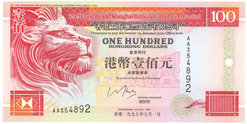 Hong Kong 100 Dollars 1997

P# 203b, N# 211291; # AA 354892; HSBC; UNC