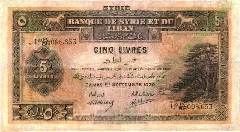 Syria 5 Livres 1939

P# 41d, N# 245549; # K/BH 098653; F