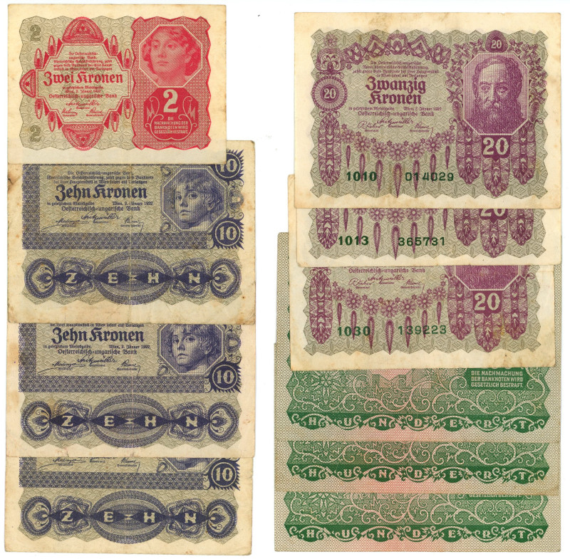 Austria Lot of 10 Banknotes 1922

P# 74-77, 2 - 3 x 10 - 3 x 20 - 3 x 100 Kron...