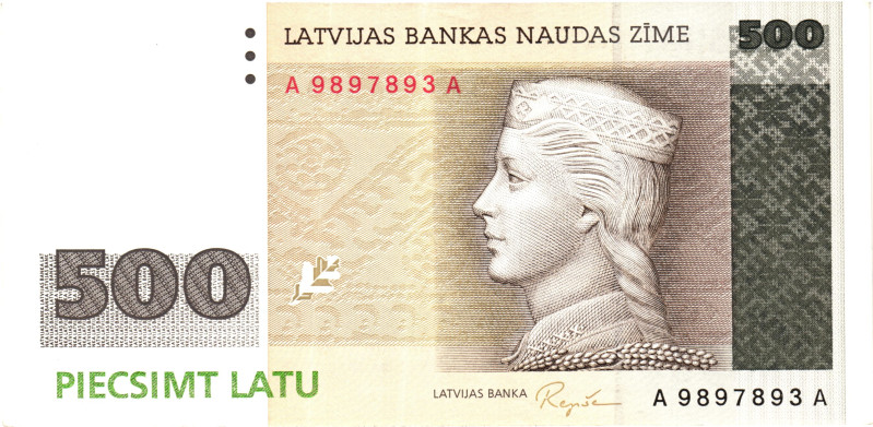 Latvia 500 Latu 1992 (1998)

P# 48, N# 387162; # A 9897893 A; AUNC-