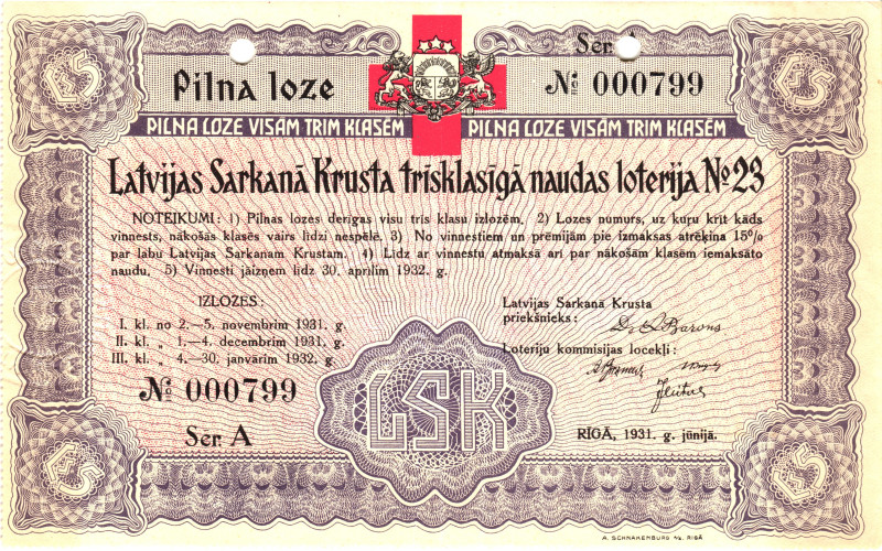 Latvia Riga Lottery Ticket 5 Lats 1931

# A 000799; AUNC