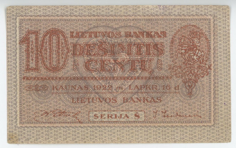 Lithuania 10 Centu 1922

P# 10a, N# 210641; VF