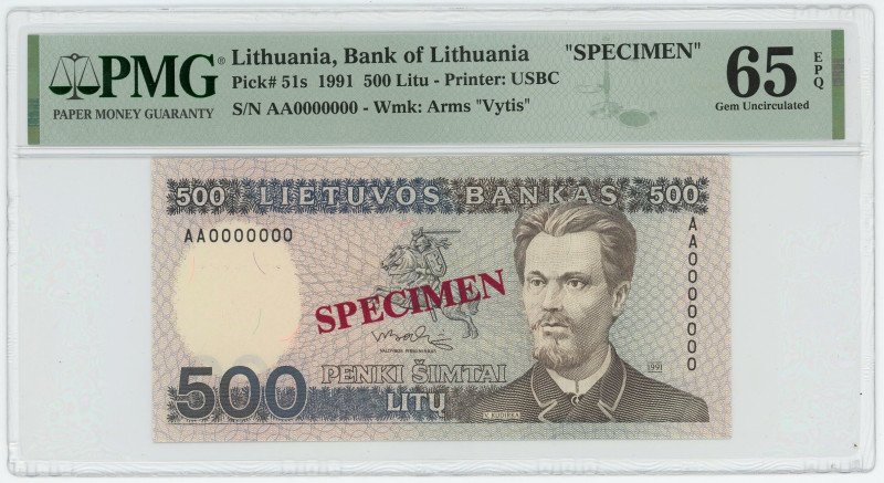 Lithuania 500 Litu 1991 Specimen PMG 65EPQ Gem UNC

P# 51s, N# 239230; # AA000...