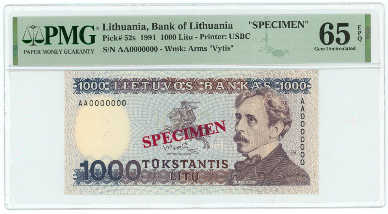 Lithuania 1000 Litu 1991 Specimen PMG 65 EPQ Gem UNC

P# 52s, N# 239270; # AA0...