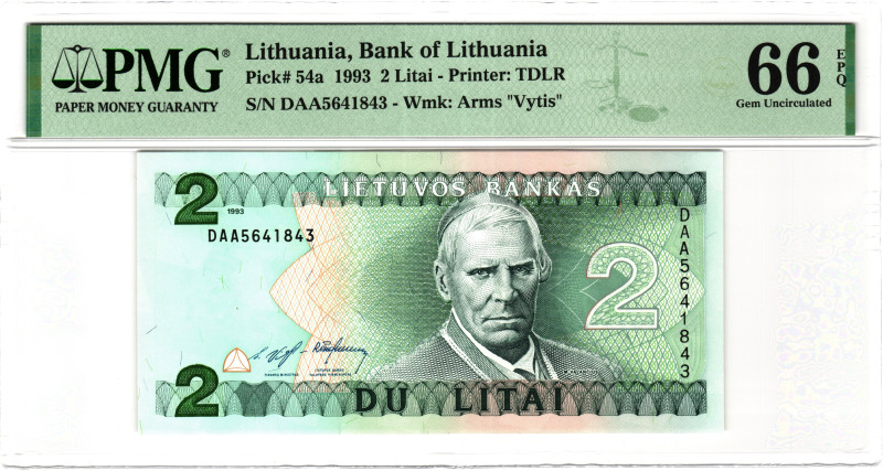 Lithuania 2 Litai 1993 PMG 66 EPQ Gem Uncirculated

P# 54a, N# 207608; # DAA56...